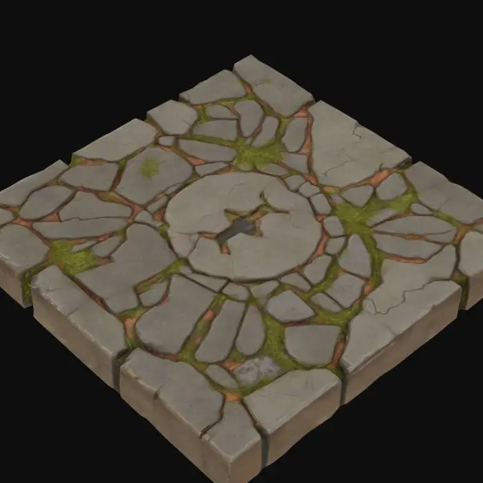 3D model for High-quality modular floor tile for a dark fantasy video game environment, inspired by Diablo IV. The prop should feature worn, cracked stone slabs with gothic, infernal, and medieval visual elements. Include realistic weathering, dirt buildup, moss in crevices, and bloodstains in subtle patterns. The texture should be highly detailed and PBR-ready, emphasizing realism and a sinister, ancient aesthetic. Top-down orthographic view, neutral lighting, seamless edge design for modular tiling