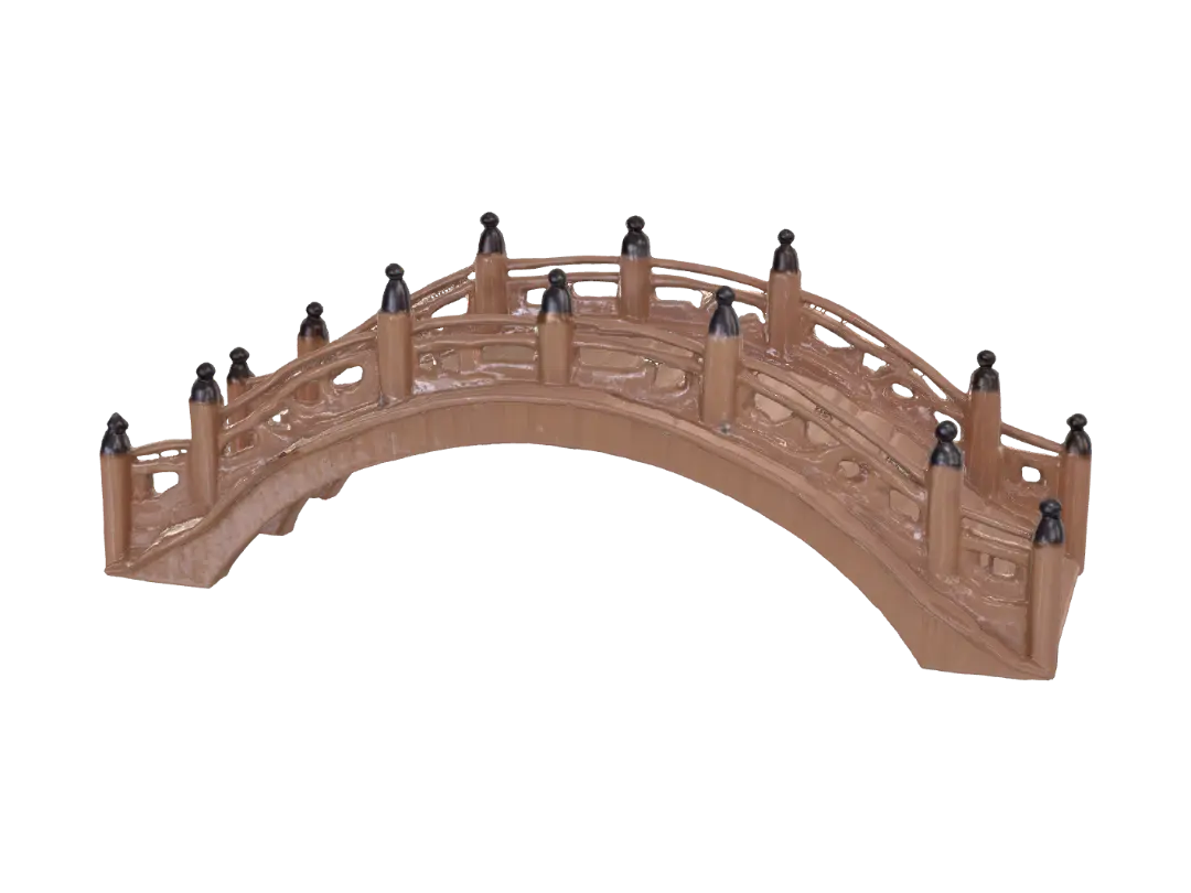 Red Wooden Arch Bridge - Pagoda 3D model, vytvořený pomocí AI