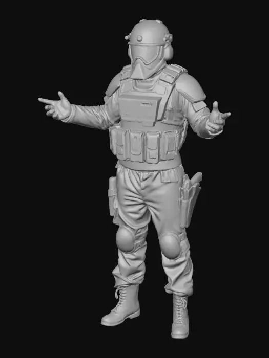 3D model for Create a black ops soldier, dressed in all black, with armor. He should be wearing a balaclava as well with a helmet and night vision goggle resting on the helmet. Have a knife strapped to the side of his calf, and a pistol strapped to his waist.