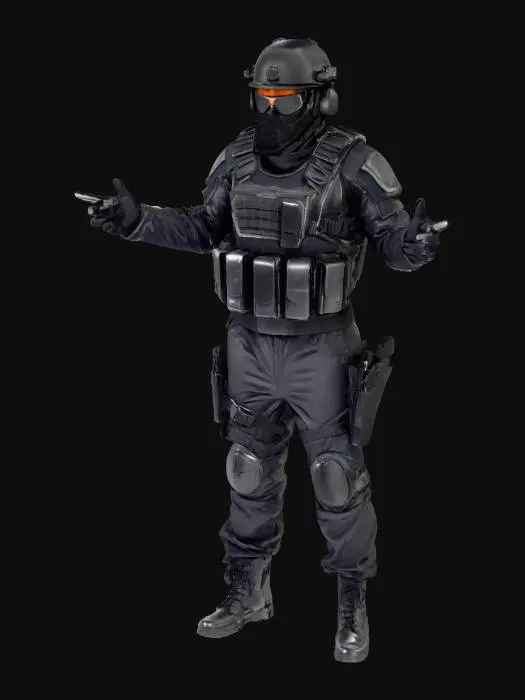 3D model for Create a black ops soldier, dressed in all black, with armor. He should be wearing a balaclava as well with a helmet and night vision goggle resting on the helmet. Have a knife strapped to the side of his calf, and a pistol strapped to his waist.