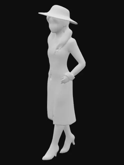 3D model for Allicia Botti (from Thomas the Tank Engine and Friends) wears a cream coloured dress-coat with black fur trim, a black hat, a pearl necklace and a pair of tall black leather boots in high heels.