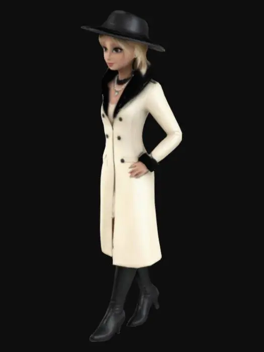 3D model for Allicia Botti (from Thomas the Tank Engine and Friends) wears a cream coloured dress-coat with black fur trim, a black hat, a pearl necklace and a pair of tall black leather boots in high heels.