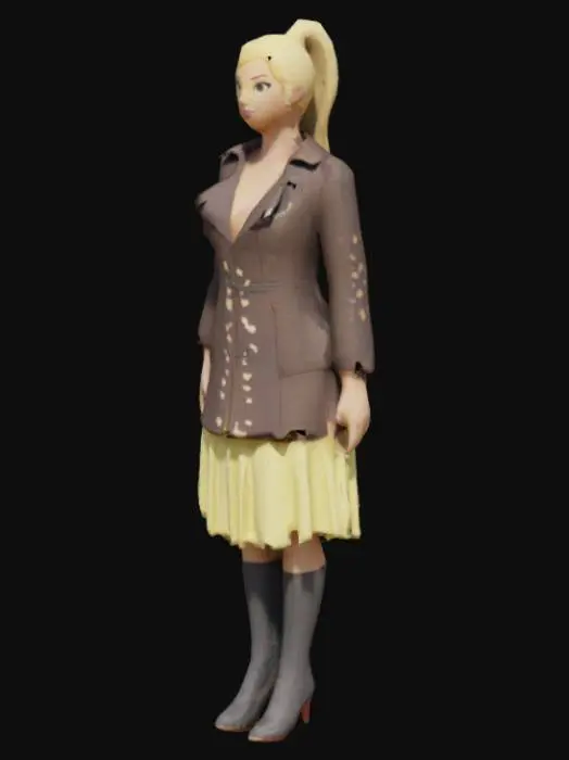 3D model for Barbara Ann Minerva (from DC Super Hero Girls) is a pretty teenager with light tan skin, a slim figure and a long honey-blonde hair that is tied into a high-ponytail. She wears a dark brown coat with two pockets on the sides, and black cheetah spots around the white fur trim, a pale yellow pleated skirt, and a pair of tall knee-high black leather boots in high heels.