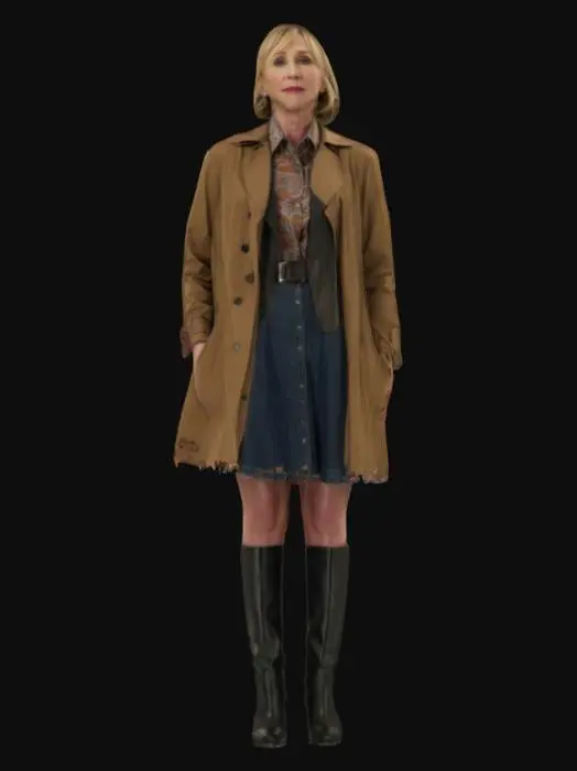 3D model for Norma Bates (Vera Farmiga) from Bates Motel wears a J.Crew Per­fect Shirt Pa­paya Pais­ley, a Ba­nana Re­pub­lic Flared Trench Coat, a knee-length jean skirt and a pair of tall black leather boots in high block heels.