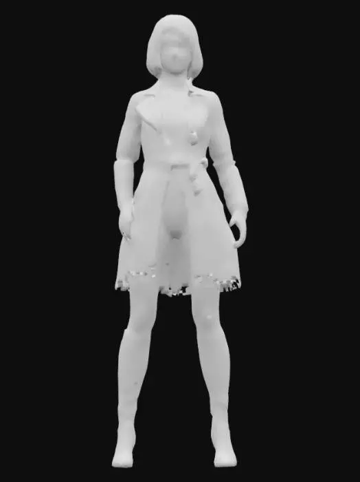 3D model for Norma Bates (Vera Farmiga) from Bates Motel wears a J.Crew Per­fect Shirt Pa­paya Pais­ley, a Ba­nana Re­pub­lic Flared Trench Coat, a knee-length jean skirt and a pair of tall black leather boots in high heels.