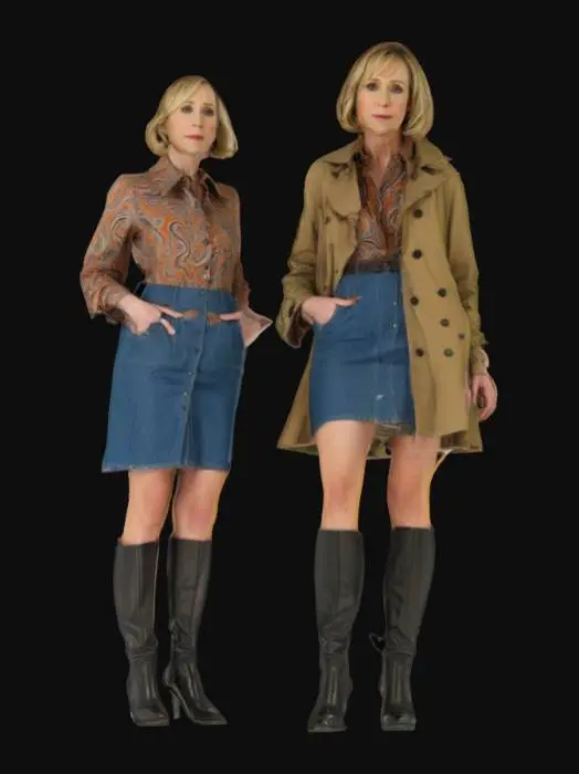 3D model for Norma Bates (Vera Farmiga) from Bates Motel wears a J.Crew Per­fect Shirt Pa­paya Pais­ley, a Ba­nana Re­pub­lic Flared Trench Coat, a knee-length jean skirt and a pair of tall black leather boots in block heels.