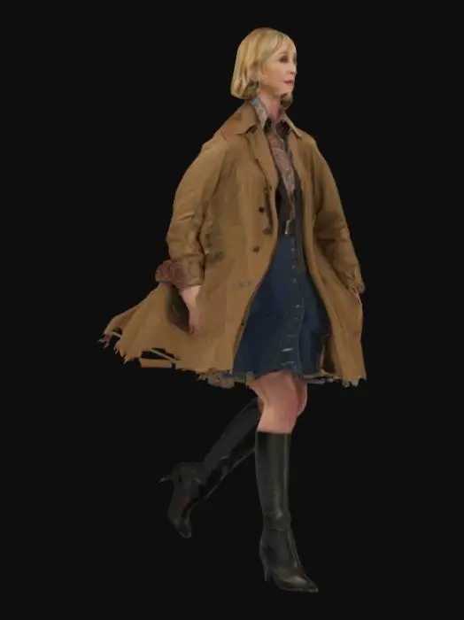 3D model for Norma Bates (Vera Farmiga) from Bates Motel wears a J.Crew Per­fect Shirt Pa­paya Pais­ley, a Ba­nana Re­pub­lic Flared Trench Coat, a knee-length jean skirt and a pair of tall black leather boots in high block heels.