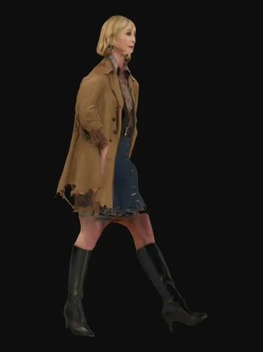 3D model for Norma Bates (Vera Farmiga) from Bates Motel wears a J.Crew Per­fect Shirt Pa­paya Pais­ley, a Ba­nana Re­pub­lic Flared Trench Coat, a knee-length jean skirt and a pair of tall black leather boots in high block heels.
