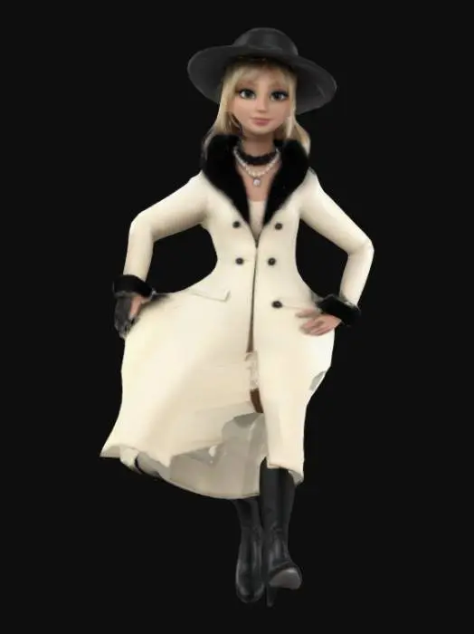 3D model for Allicia Botti (from Thomas the Tank Engine and Friends) wears a cream coloured dress-coat with black fur trim, a black hat, a pearl necklace and a pair of tall black leather boots in high heels.