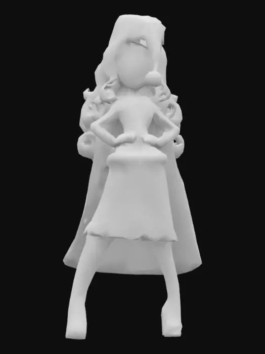 3D model for Apple White (Christmas) wears a red Santa suit and stocking cap with a belt around her waist and white faux fur, a gold-colored knee-length skirt with holly and snowflake patterns and a cross, a pair of dark brown knee-high leather boots in high heels and white faux fur on top, a pair of black gloves and a dark green velvet cape.