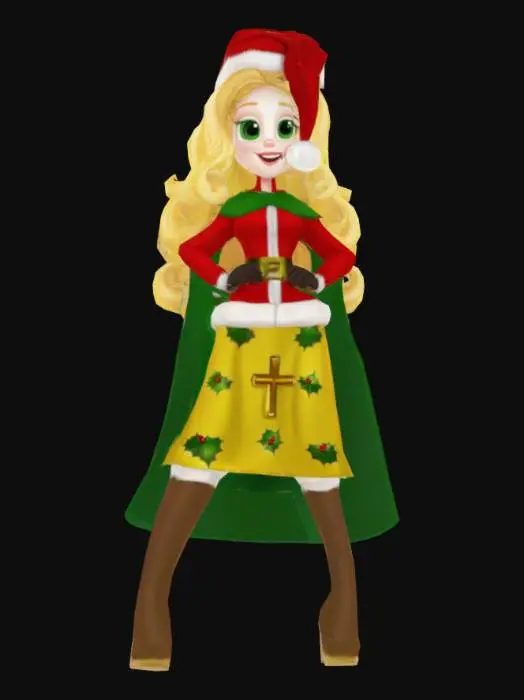 3D model for Apple White (Christmas) wears a red Santa suit and stocking cap with a belt around her waist and white faux fur, a gold-colored knee-length skirt with holly and snowflake patterns and a cross, a pair of dark brown knee-high leather boots in high heels and white faux fur on top, a pair of black gloves and a dark green velvet cape.