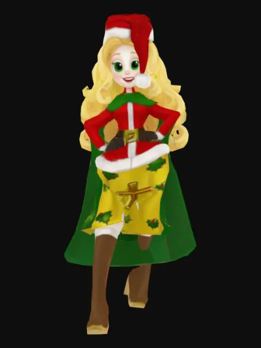 3D model for Apple White (Christmas) wears a red Santa suit and stocking cap with a belt around her waist and white faux fur, a gold-colored knee-length skirt with holly and snowflake patterns and a cross, a pair of dark brown knee-high leather boots in high heels and white faux fur on top, a pair of black gloves and a dark green velvet cape.