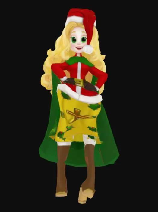 3D model for Apple White (Christmas) wears a red Santa suit and stocking cap with a belt around her waist and white faux fur, a gold-colored knee-length skirt with holly and snowflake patterns and a cross, a pair of dark brown knee-high leather boots in high heels and white faux fur on top, a pair of black gloves and a dark green velvet cape.
