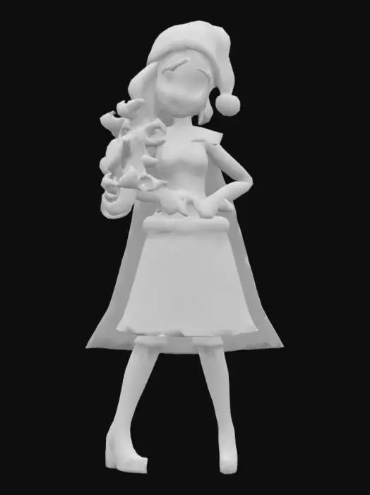 3D model for Apple White (Christmas) wears a red Santa suit and stocking cap with a belt around her waist and white faux fur, a gold-colored knee-length skirt with holly and snowflake patterns and a cross, a pair of dark brown knee-high leather boots in high heels and white faux fur on top, a pair of black gloves and a dark green velvet cape.