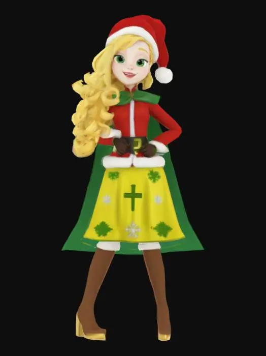 3D model for Apple White (Christmas) wears a red Santa suit and stocking cap with a belt around her waist and white faux fur, a gold-colored knee-length skirt with holly and snowflake patterns and a cross, a pair of dark brown knee-high leather boots in high heels and white faux fur on top, a pair of black gloves and a dark green velvet cape.