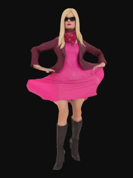 3D model for Vicki Alexander is a reporter and an undercover spy agent from the Daily Bumble. Vicki's appearance is a young adult female human being in light cream skin, straight blonde hair and lipstick. She wears a bright pink dress with a belt, a burgundy blazer, a pair of tall black knee-high leather boots in high heels, a red bandana scarf, a burgundy perse and shades.