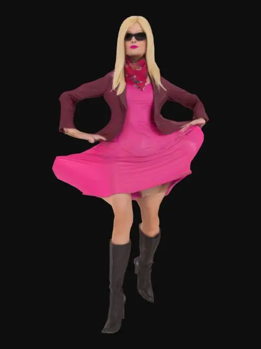 3D model for Vicki Alexander is a reporter and an undercover spy agent from the Daily Bumble. Vicki's appearance is a young adult female human being in light cream skin, straight blonde hair and lipstick. She wears a bright pink dress with a belt, a burgundy blazer, a pair of tall black knee-high leather boots in high heels, a red bandana scarf, a burgundy perse and shades.