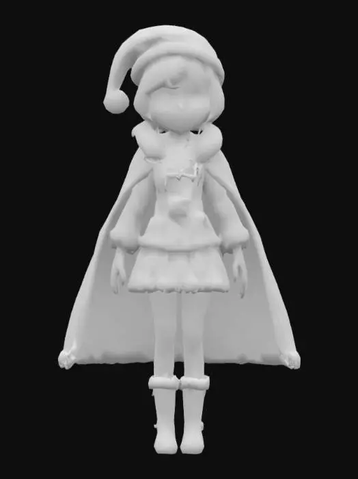 3D model for Apple White from Ever After High™ wears red Santa suit with white faux fur and a black belt and gold buckle, a golden knee-length skirt decorated with holly leaves and berries, snowflakes, and a prominent black cross symbol in the center, a pair of dark brown knee-high leather boots in high heels with faux fur on top, a long, flowing dark green velvet cape and a red Santa hat with white trim and a white pom-pom.