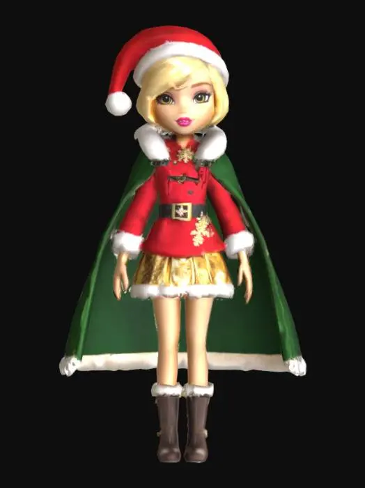 3D model for Apple White from Ever After High™ wears red Santa suit with white faux fur and a black belt and gold buckle, a golden knee-length skirt decorated with holly leaves and berries, snowflakes, and a prominent black cross symbol in the center, a pair of dark brown knee-high leather boots in high heels with faux fur on top, a long, flowing dark green velvet cape and a red Santa hat with white trim and a white pom-pom.