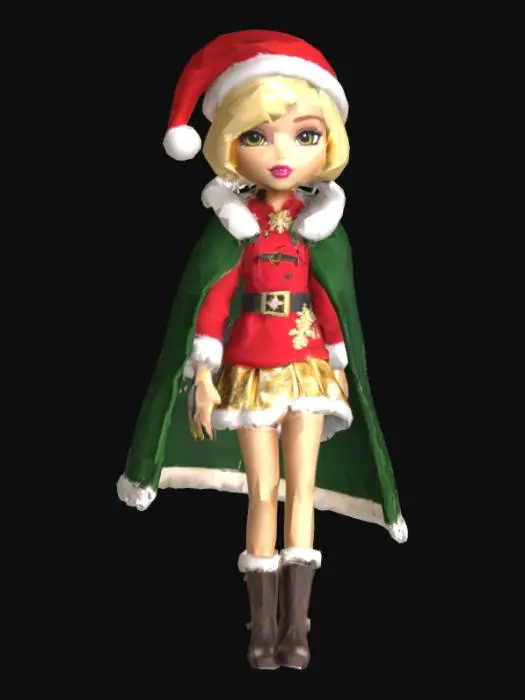 3D model for Apple White from Ever After High™ wears red Santa suit with white faux fur and a black belt and gold buckle, a golden knee-length skirt decorated with holly leaves and berries, snowflakes, and a prominent black cross symbol in the center, a pair of dark brown knee-high leather boots in high heels with faux fur on top, a long, flowing dark green velvet cape and a red Santa hat with white trim and a white pom-pom.