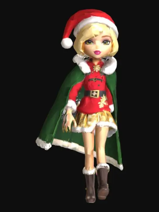 3D model for Apple White from Ever After High™ wears red Santa suit with white faux fur and a black belt and gold buckle, a golden knee-length skirt decorated with holly leaves and berries, snowflakes, and a prominent black cross symbol in the center, a pair of dark brown knee-high leather boots in high heels with faux fur on top, a long, flowing dark green velvet cape and a red Santa hat with white trim and a white pom-pom.