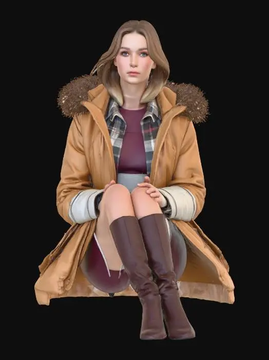 3D model for A 3D model of a woman seated on a light beige, textured bedspread, wearing a casual outfit. She has on a camel-colored parka with a soft, fur-lined hood, layered over a muted plaid shirt and a purple top. A fitted light grey skirt complements her dark brown suede knee-high boots with distinct block heels. The scene features soft, warm lighting, highlighting the varying fabric textures and gentle folds of the clothing.