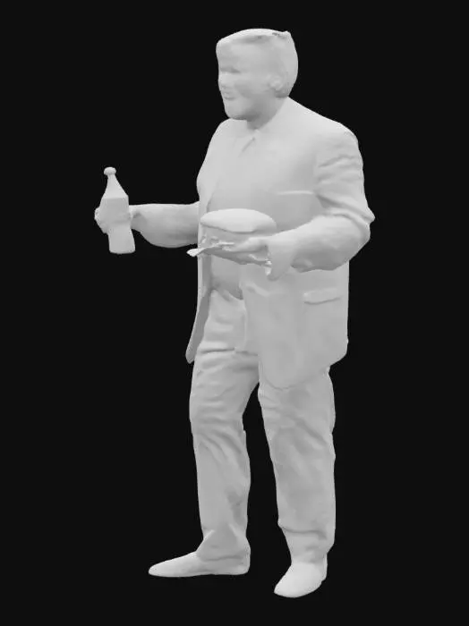 3D model for アメリカ大統領のドナルド・トランプ
大好物のハンバーガーとコカ・コーラをそれぞれ手に持っている
満足そうな表情
等身大1:1