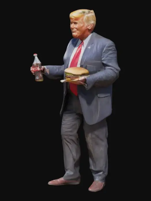 3D model for アメリカ大統領のドナルド・トランプ
大好物のハンバーガーとコカ・コーラをそれぞれ手に持っている
満足そうな表情
等身大1:1