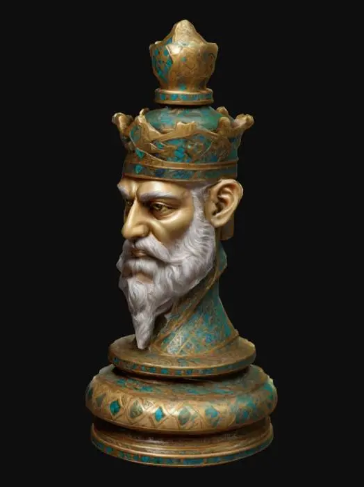 3D model for مهره شطرنج که مدل آن برگرفته از یک شاه باستانی ایرانی اسطوره ای با تمام جزئیات و دقت میباشد و طرح های ایرانی و علائم ایرانی در مهره نمایان باشد و زیبا و اسطوره ای با حالات چهره مقتدر وغالب باشد و مهره پایه ای زیبا داشته باشد 