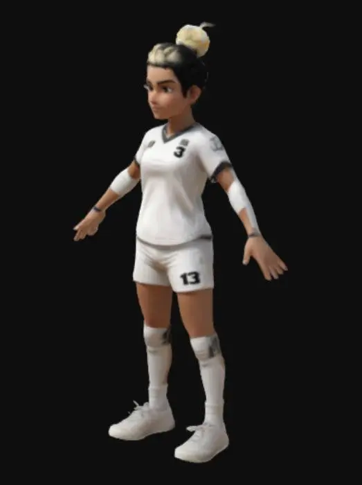 3D model for criar uma personagem com braços abertos e loira na posição t-pose  braços abertos jogadora de voley com uniforme de volei estilo manga com textura 4k cabelo preto uniforme branco com numera 3 atras tenis branco 