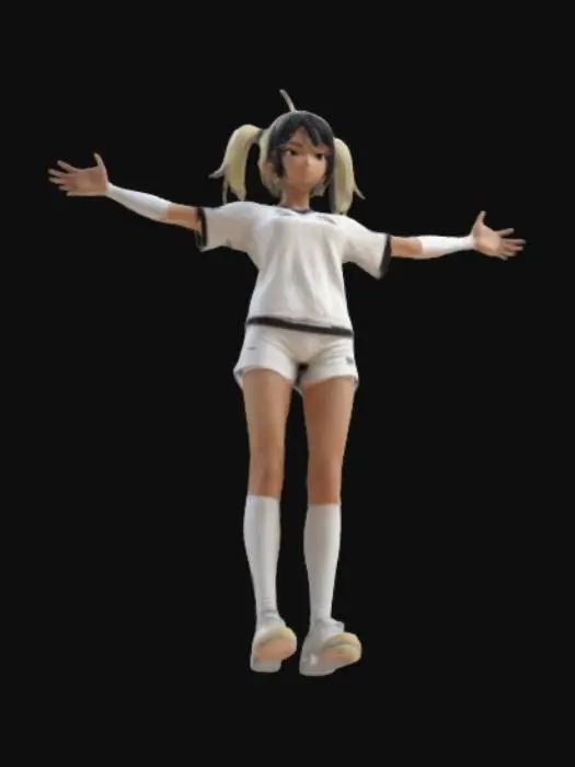 3D model for criar uma personagem na posição t-pose  braços abertos jogadora de voley com uniforme de volei estilo manga com textura 4k cabelo preto uniforme branco com numera 3 atras tenis branco 
