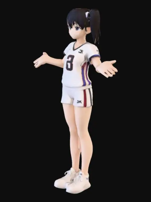 3D model for criar uma personagem na posição t-pose  braços abertos jogadora de voley com uniforme de volei estilo manga com textura 4k cabelo preto uniforme branco com numera 3 atras tenis branco  pode melhorar com bracoes abertos