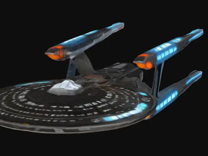 3D model for A 1 meter long Starship USS Horizon Stargazer class, Star Fleet Battles, table top, game miniature, made of gold and painted for Christmas. NVIDIA volumetric lighting, on a wizkids heroclix base, #ChristmasAdventure#