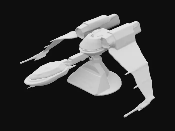 3D model for A 1-meter model of a Klingon Bird of Prey tabletop miniature starship, Star Fleet Battles, game miniature, made of pewter and painted for Christmas. NVIDIA volumetric lighting, engine glow, on a gold wizkids heroclix base, deeply carved details. #ChristmasAdventure#