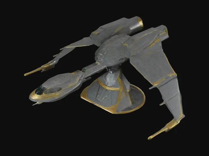 3D model for A 1-meter model of a Klingon Bird of Prey tabletop miniature starship, Star Fleet Battles, game miniature, made of pewter and painted for Christmas. NVIDIA volumetric lighting, engine glow, on a gold wizkids heroclix base, deeply carved details. #ChristmasAdventure#
