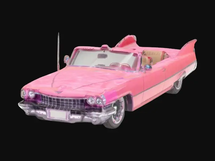 3D model for Pink Cadillac, epic paint job, pristine lines and curves. Perfect model, masterpiece, space sparkle pink, empty no driver or passenger. 8k details