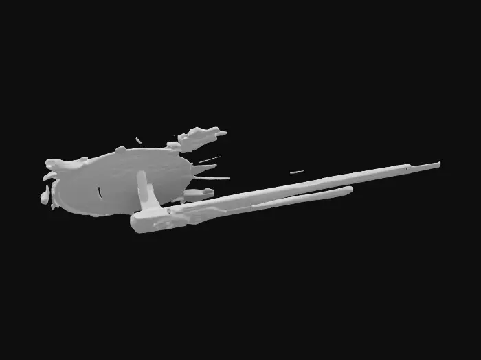 3D model for Enterprise card model board game showing spectacular damage to starship. Explosions and fires. 8k nvidia special fx.