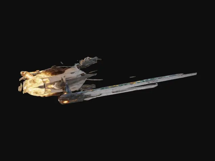 3D model for Enterprise card model board game showing spectacular damage to starship. Explosions and fires. 8k nvidia special fx.