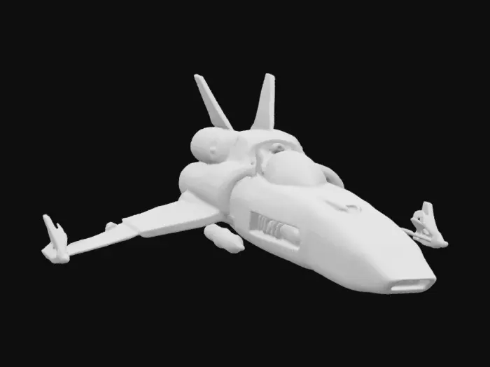 3D model for A 1 meter model of a Viper Starfighter from Battlestar Galactica 1978, tabletop miniature fighter, made of pewter and painted for New Years. NVIDIA volumetric lighting, engine glow, on a gold wizkids heroclix base, deeply carved details.