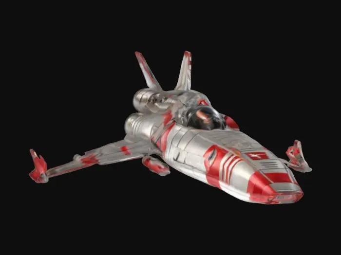 3D model for A 1 meter model of a Viper Starfighter from Battlestar Galactica 1978, tabletop miniature fighter, made of pewter and painted for New Years. NVIDIA volumetric lighting, engine glow, on a gold wizkids heroclix base, deeply carved details.