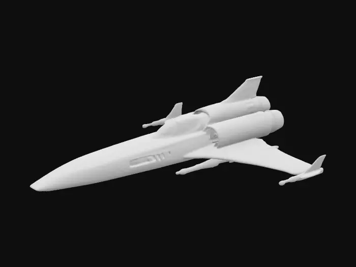 3D model for A 1 meter model of a Viper Starfighter from Battlestar Galactica 1978, tabletop miniature fighter, made of pewter and painted for New Years. NVIDIA volumetric lighting, engine glow, on a gold wizkids heroclix base, deeply carved details.