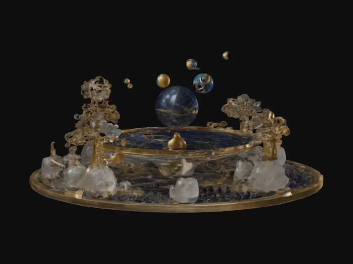 3D model for A 10-meter life-size detailed Orrery planetarium of our solar system, made of intricate crafted glass, deeply carved details, master craftsmanship, discretionary Christmas decoration, well lit, outside, center of the park, 4k, NVIDIA volumetric lighting. #ChristmasAdventure#