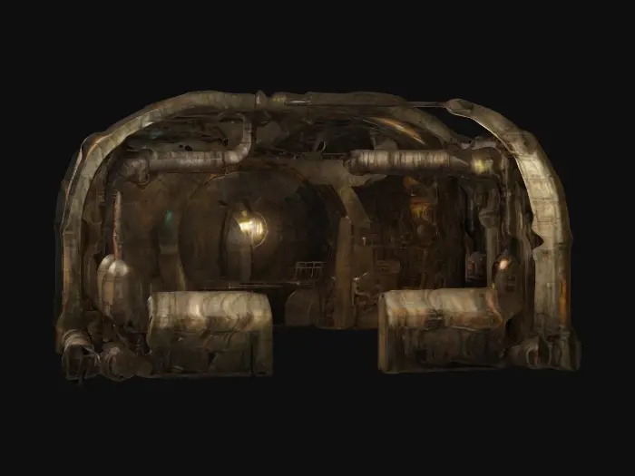3D model for Very complex and intricate rustpunk style underground missile silo, NVIDIA 8k textures. Add a few highly Detailed tunnels. 8k