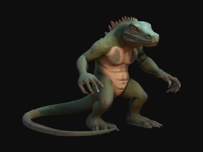 3D model for A male character, nude, naked, rustborn industrialpunk, humanoid Komodo-dragon, 8k highly detailed features. Tank crew, Naked unusual patterns.