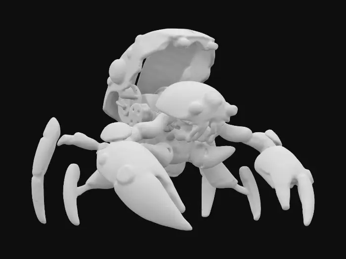 3D model for Low-poly masterpiece, cartoon perfection, A male character, nude, naked, rustborne industrialpunk, humanoid crab/lobster with tentacles as legs, 8k highly detailed features. Naked except shell and gear.