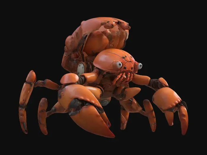 3D model for Low-poly masterpiece, cartoon perfection, A male character, nude, naked, rustborne industrialpunk, humanoid crab/lobster with tentacles as legs, 8k highly detailed features. Naked except shell and gear.