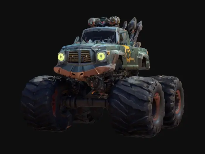 3D model for Low-poly, Pixar style, Chrono-forge masterpiece of a weaponized monster-truck. #ChronoForgeWeapon#