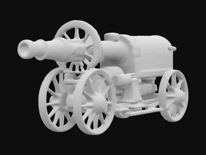 3D model for Medium-poly perfection, life-size. Pixar style, Chrono-forge masterpiece of a 1930s 80-centimetre railway gun. #ChronoForgeWeapon#