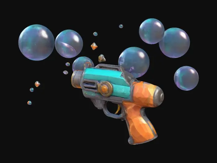 3D model for Low-poly perfection, cartoon masterpiece, a little-kids stylized advanced bubble-gun. Chronos-forge style. #ChronoForgeWeapon#