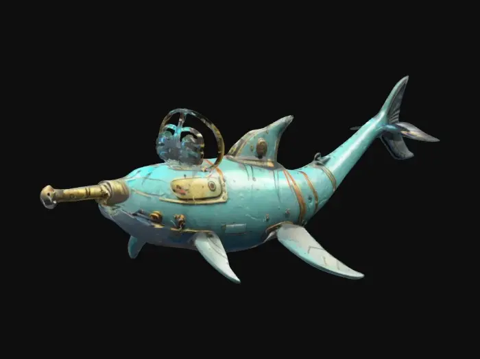 3D model for Create a chrono-trigger style narwhal-shaped submarine shooting a torpedo. Aliencore, futurecore, cybercore. 8k NVIDIA textures, Unity engine, game-ready, stylized and articulate. #ChronoForgeWeapon#